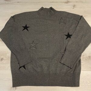 Gray Mock Neck Soft Knit  Sweater With Black Stars, estimated Size L